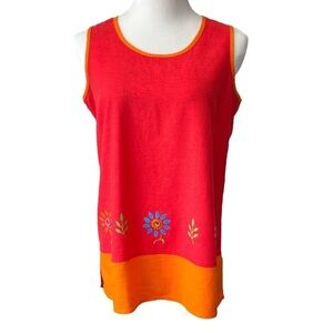 Vintage Studio Ease Sleeveless Linen-Blend Coral/Orange Floral Top Sz 10